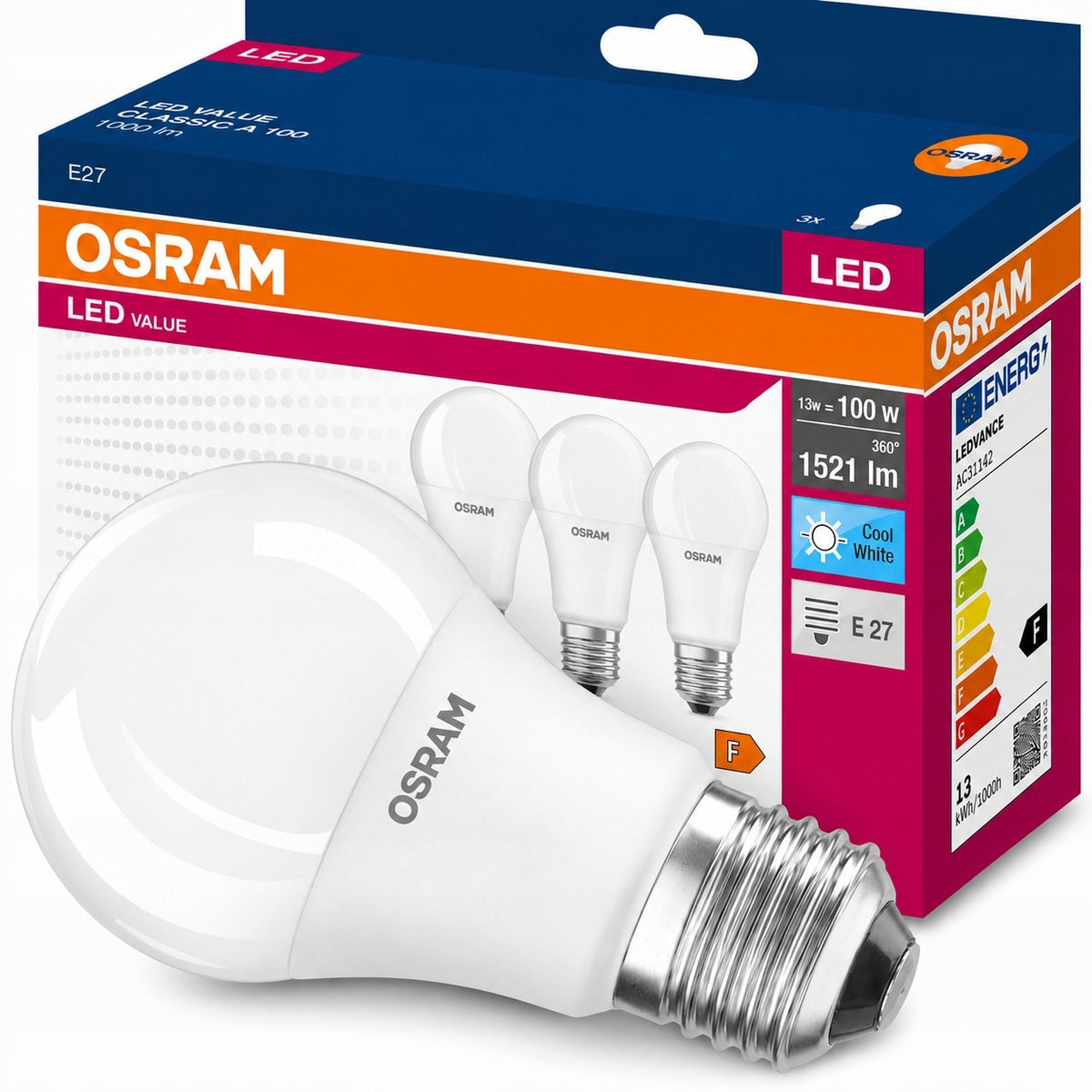 3x Żarówka LED E27 A60 13W = 100W 1521lm 4000K 200° osram mocna NIE mruga kulista, tradycyjna, neutralna biel do lamp