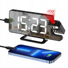 Zegar cyfrowy LED z budzikiem, lusterkiem i projektorem elektroniczny czasomierz do sypialni, zasilanie USB, srebrny