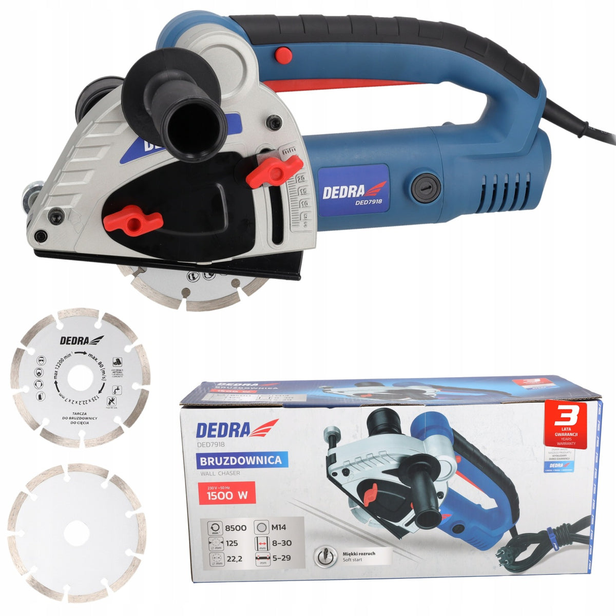 BRUZDOWNICA DO BETONU DEDRA 1500W Frezarka rowków 2tarcze 125mm Elektryczna do kanałów pod przewody i kable, szerokość