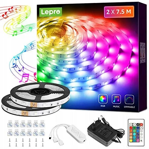 Taśma LED Lepro 15m (2x7,5M), taśma LED muzyczna z pilotem, RGB oświetlenie dekoracyjne, pasek świetlny do pokoju