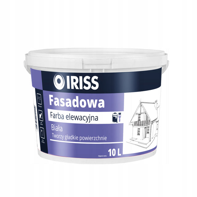 Farba elewacyjna fasadowa zewnętrzna akrylowa 10l biała iriss matowa powłoka, wydajność 7 m²/l
