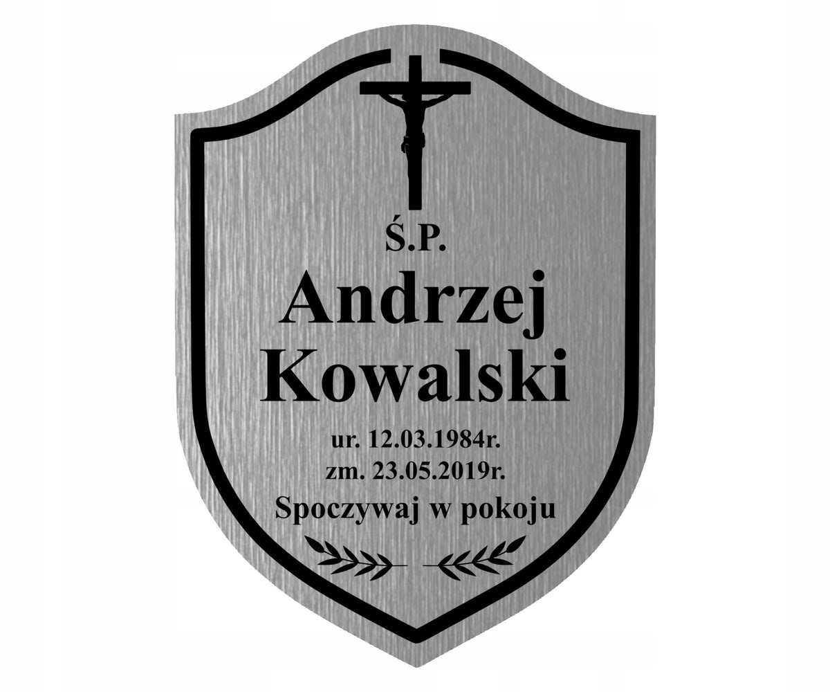 Grawerowana tabliczka nagrobna na grób na krzyż klasyczna srebrna 20x15cm tablica cmentarna z tworzywa sztucznego