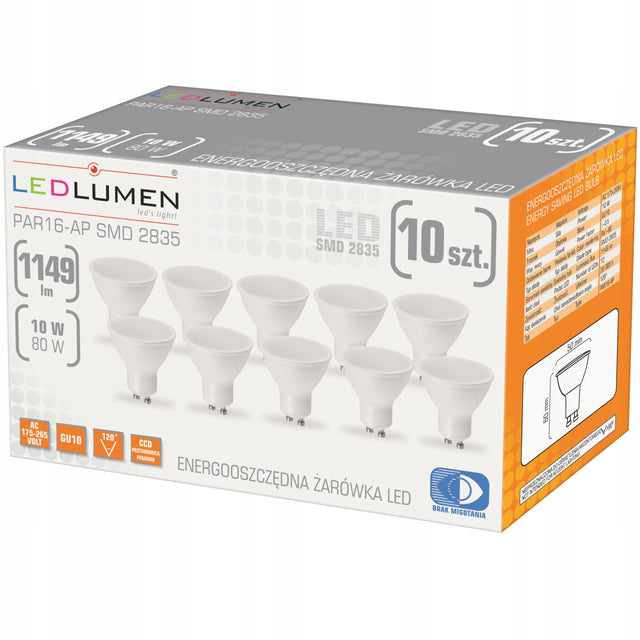 Zestaw 10x Żarówka LED GU10 10W=80W 1149lm Mocna PAR16 Brak Migotania 3000K halogenowa do opraw punktowych, ciepłobiała