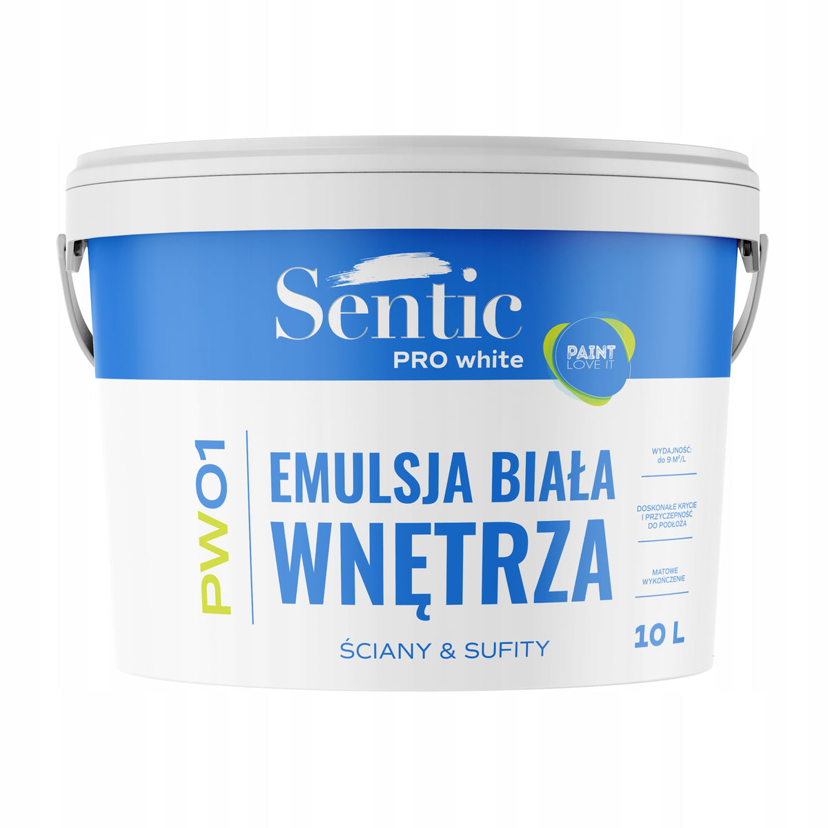Sentic Farba wewnętrzna akrylowa premium 10l biała do malowania ścian, mat, wydajność 9 m²/l