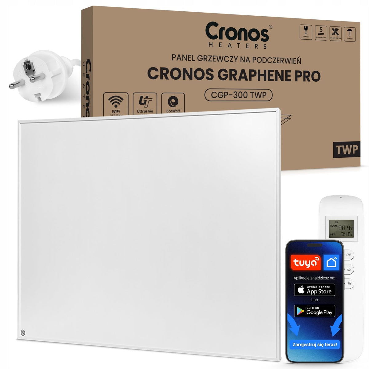 GRZEJNIK NA PODCZERWIEŃ GRAFENOWY PANEL ELEKTRYCZNY PROMIENNIK WiFi IR 300W długofalowe 300 W