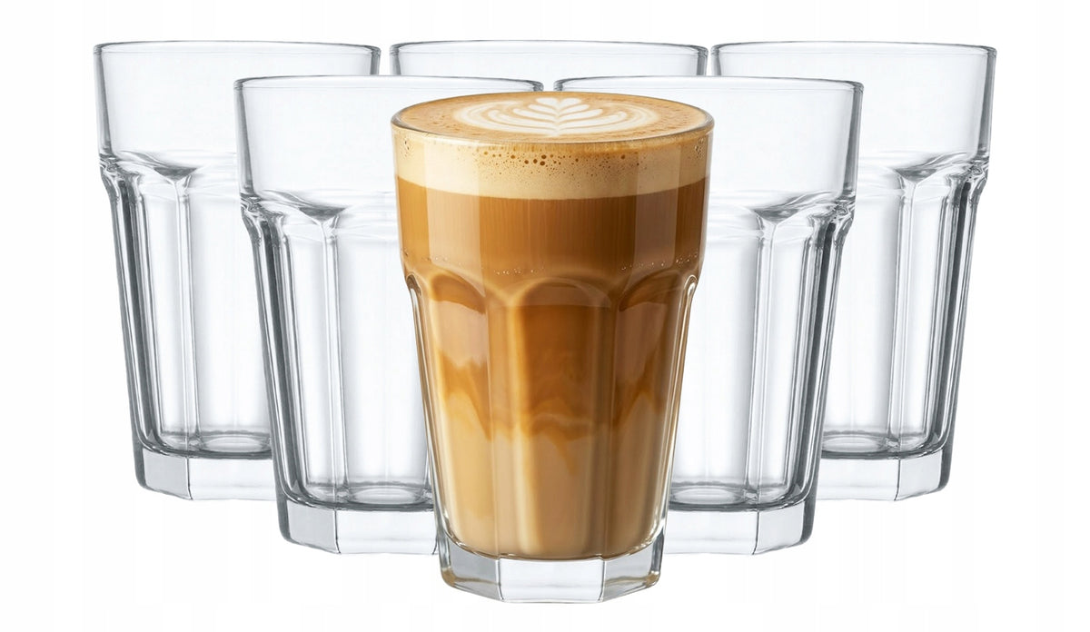 Szklanki wysokie 410 ml 6 szt do latte wody soków drinków lemoniady koktajle, long drinki, napoje chłodzące, wielorazowe