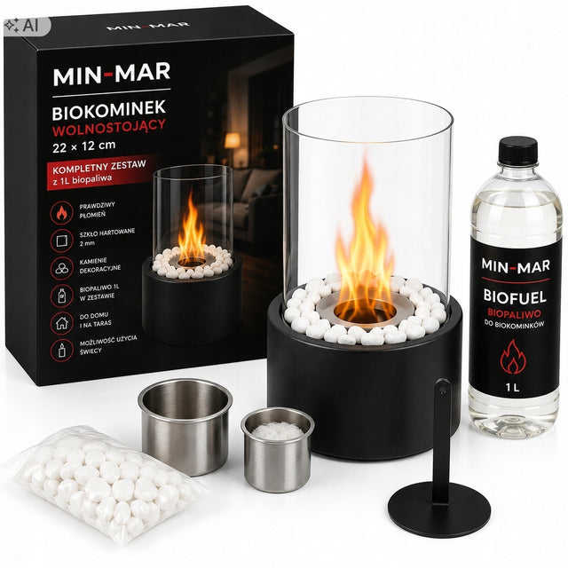 Biokominek wolnostojący BIO kominek do domu na taras ogrodowy 1l biopaliwo czarny stalowy, 12 x 10 x 22 cm, pojemność wkładu 0,15 l
