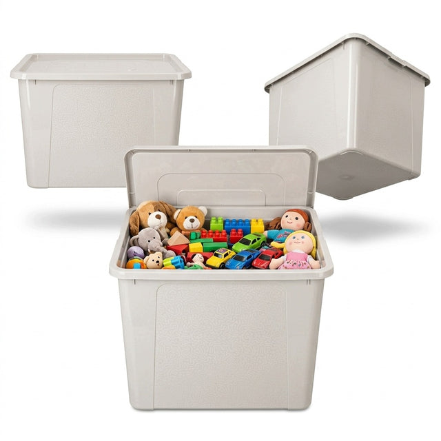 Pojemnik plastikowy z pokrywą 30l duży organizer na zabawki box kremowy pudełko do przechowywania, skrzynka uniwersalna 33x40 cm