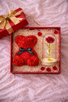 Zestaw prezentowy wieczna róża w szkle LED miś z róż w pudełku flower box ozdoba walentynkowa 26 cm dekoracja świetlna