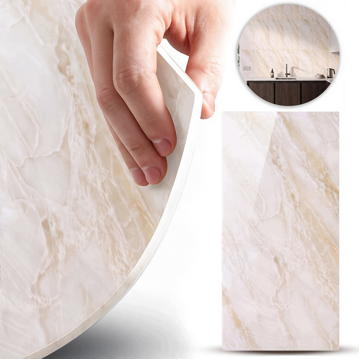 Samoprzylepny panel ścienny 40x80 marmur PCV laminat połysk 3D płytki x10 okładzina dekoracyjna brązowo-beżowa, gładka