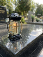 Znicz szklany czarny duży kapliczka lampion na grób cmentarz Złoty Krzyż ozdoba nagrobna, wysokość 25 cm