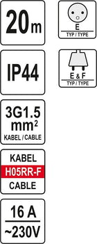 YATO PRZEDŁUŻACZ BĘBNOWY BUDOWLANY 20M NA BĘBNIE 4 GNIAZDA 3X1,5MM YT-81052 czarny