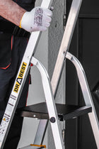 Drabina aluminiowa domowa PRO jednostronna 5 stopniowa z półką 150 kg podest 97 cm, wysokość robocza 2,97 m, do prac