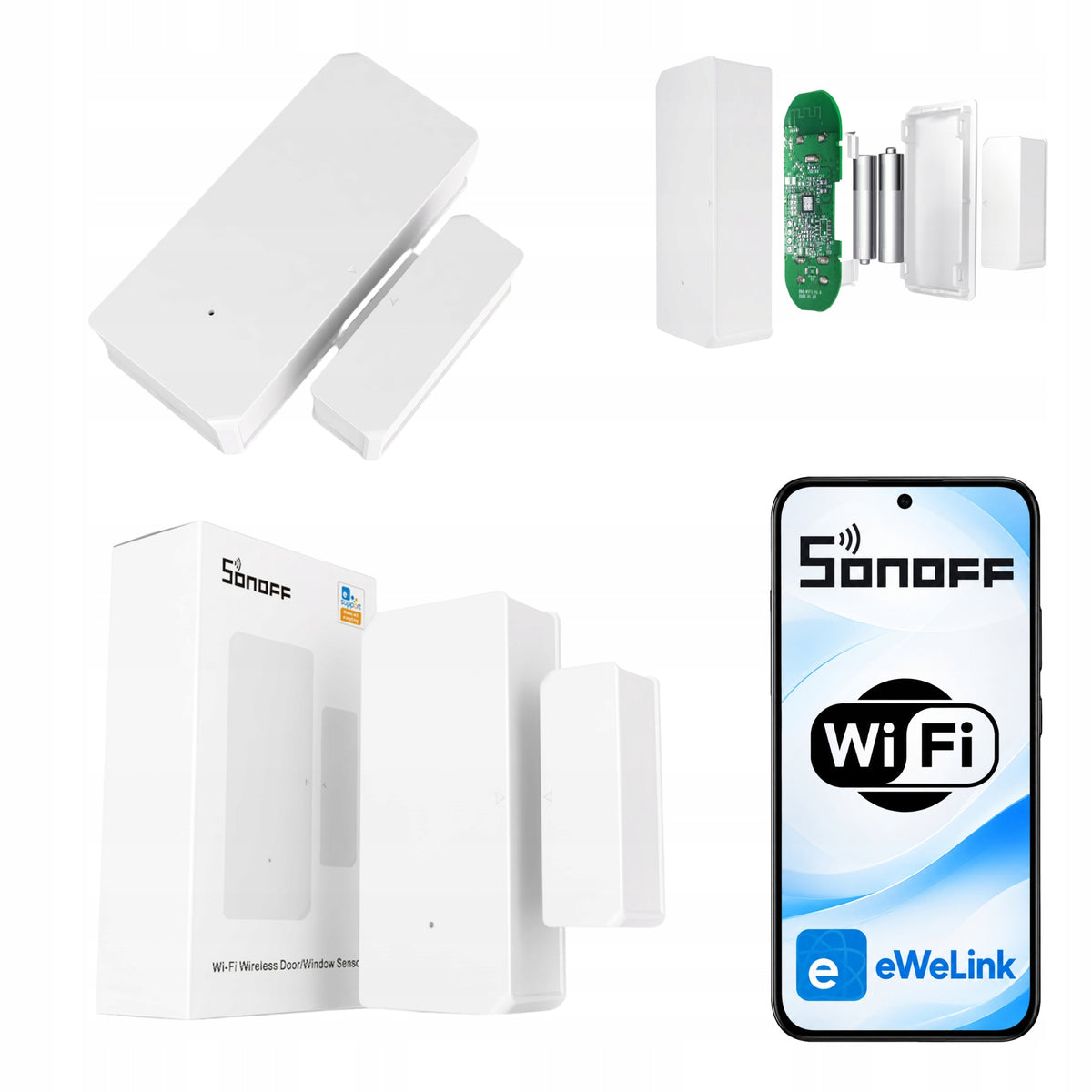 Sonoff DW2 Inteligentny Czujnik Sensor Otwarcia Drzwi i Okien WiFi eWeLink kontaktron do monitorowania wejść, zasilanie