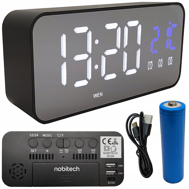 Budzik zegar elektroniczny LED głośny stojący temperatura data + kabel USB stołowy cyfrowy do sypialni, czarny, z tworzywa sztucznego