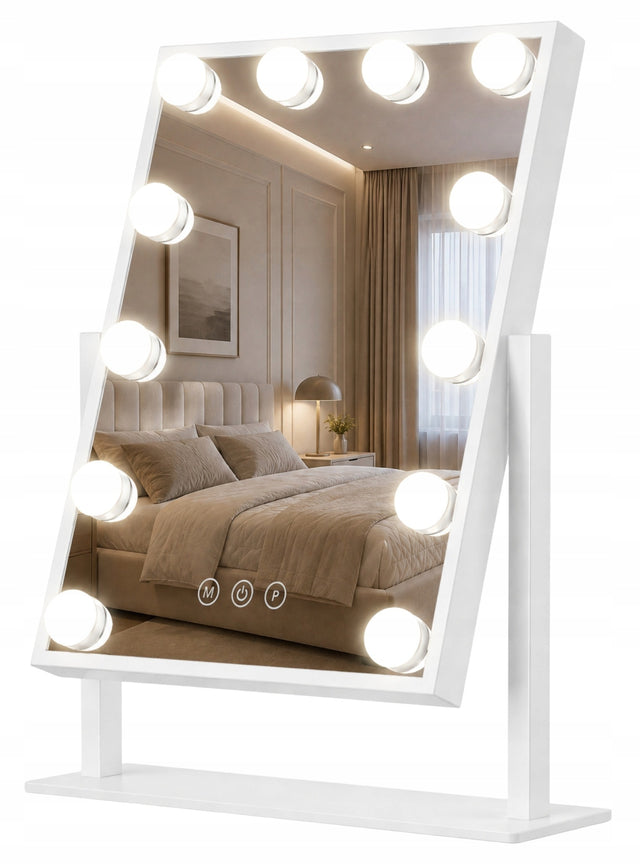 Lustro 12LED podświetlane 30x40 cm kosmetyczne do makijażu hollywood lusterko na toaletkę, wizaż, pielęgnacja twarzy, stojące, prostokątne