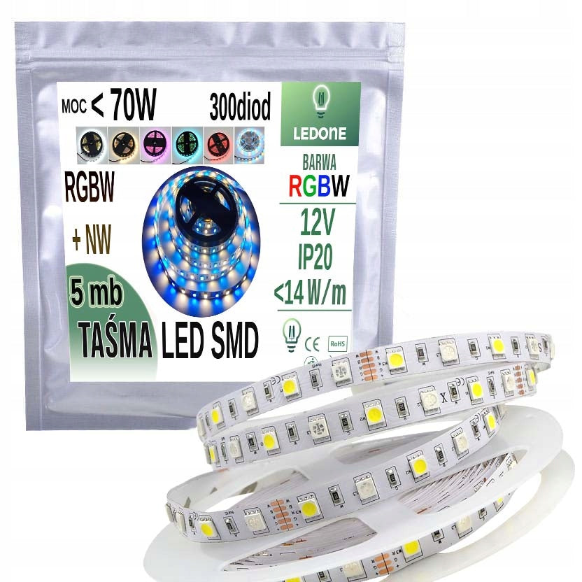 Taśma LED 5050 300 LED IP20 5m - rgbw + neutralna pasek świetlny, dekoracyjne oświetlenie wnętrz 12V, 3300 lm, 72W