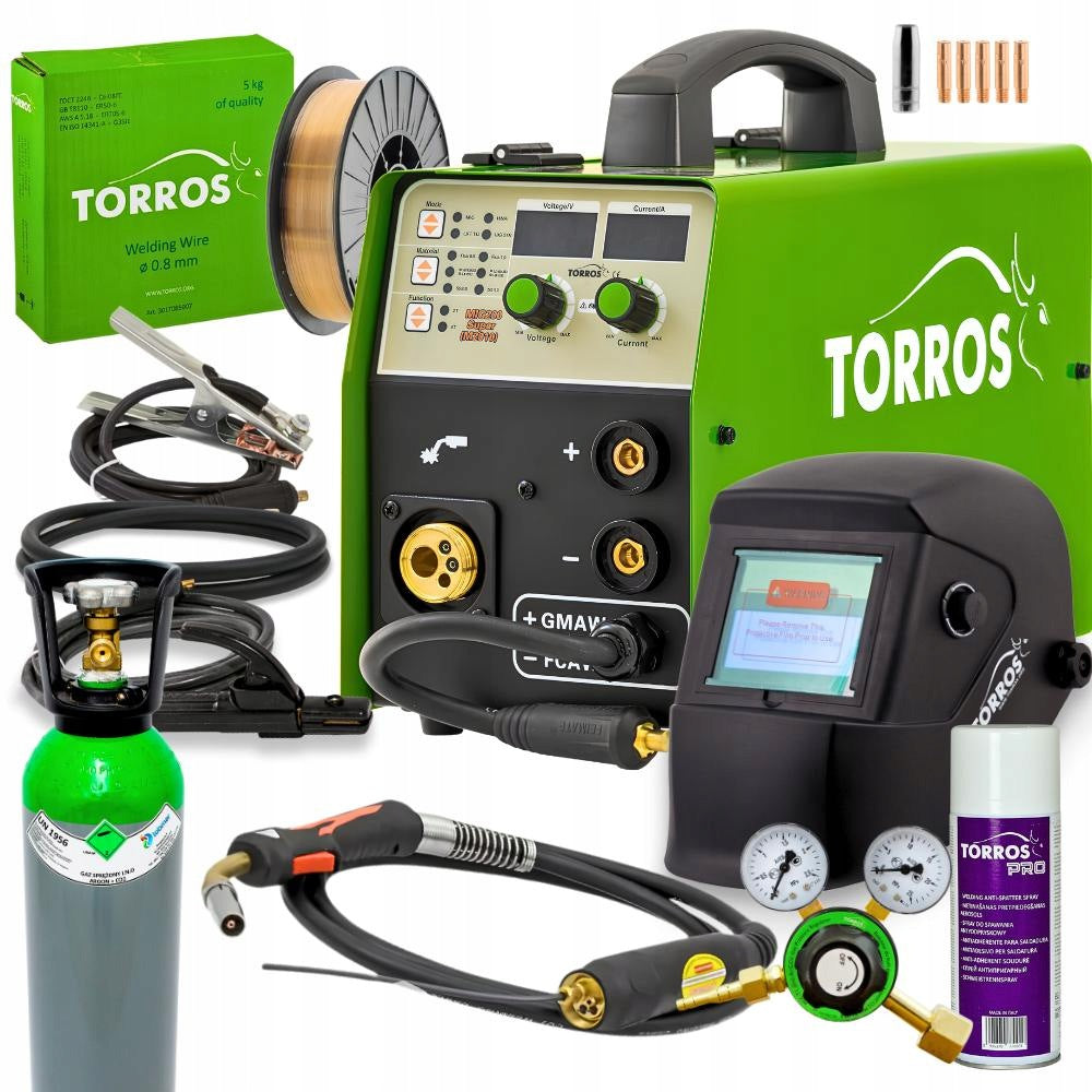 Spawarka migomat torros M2010 200A MIG MAG flux MMA TIG synergia zestaw półautomat do drutu 0,8–1,0 mm, zasilanie 230
