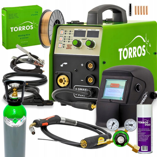 Spawarka migomat torros M2010 200A MIG MAG flux MMA TIG synergia zestaw półautomat do drutu 0,8–1,0 mm, zasilanie 230 V, waga 7,4 kg