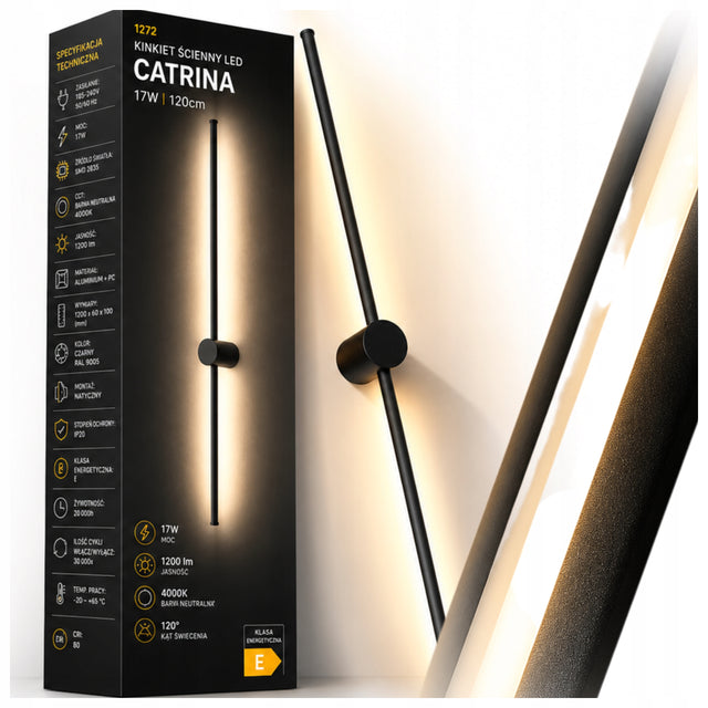 Kinkiet Ścienny Wewnętrzny Lampa LED Do Salonu 120cm 17W 4000K Czarny aluminiowa oprawa, sypialnia, jadalnia, pokój