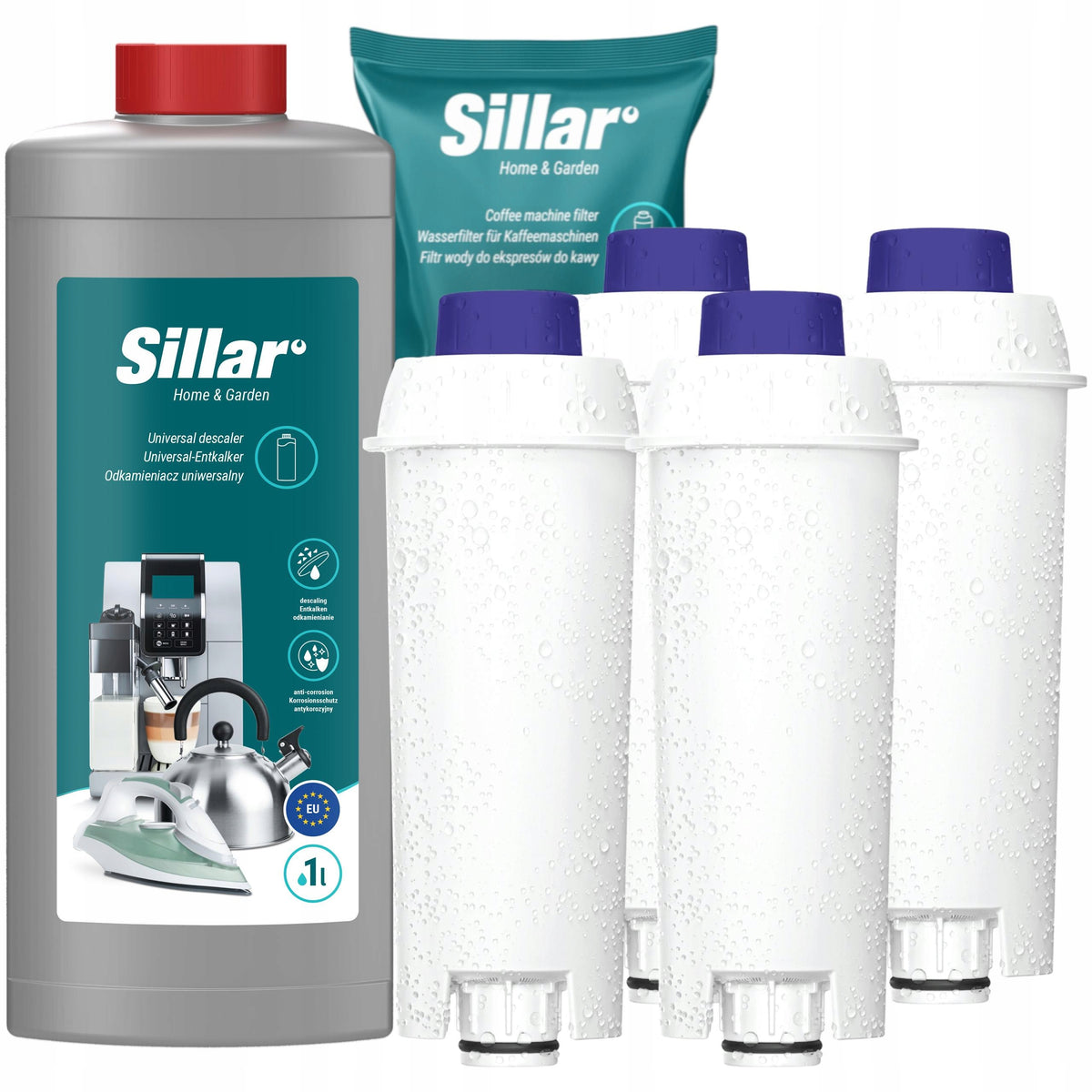 Sillar 4x filtr do wody do ekspresu Delonghi zamiennik + odkamieniacz 1l