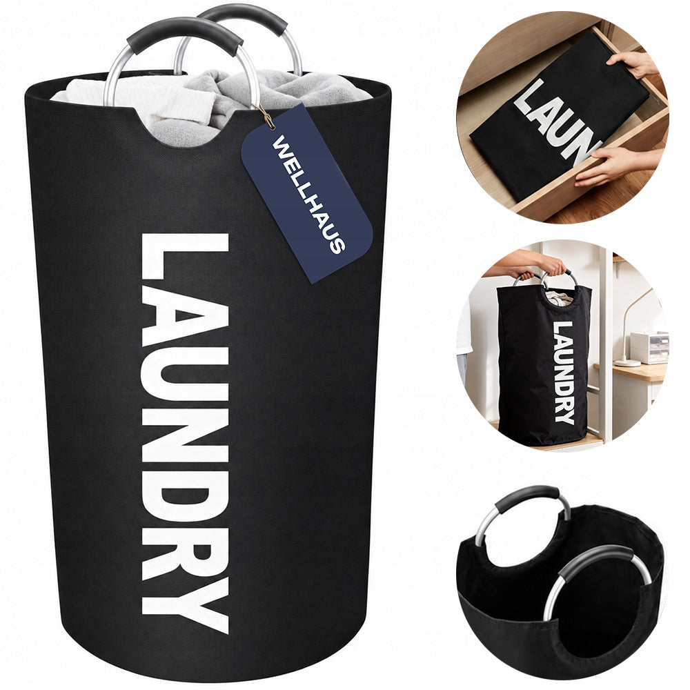 Torba na pranie z nadrukiem czarna z uchwytami worek składany 80l wellhaus kosz bieliźniany wolnostojący 38x38x74 cm