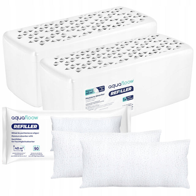 Pochłaniacz wilgoci osuszacz powietrza AquaFloow 2x + 2x wkład 500g duży absorber, do łazienki i domu, na 40 m³, zbiornik 500 ml