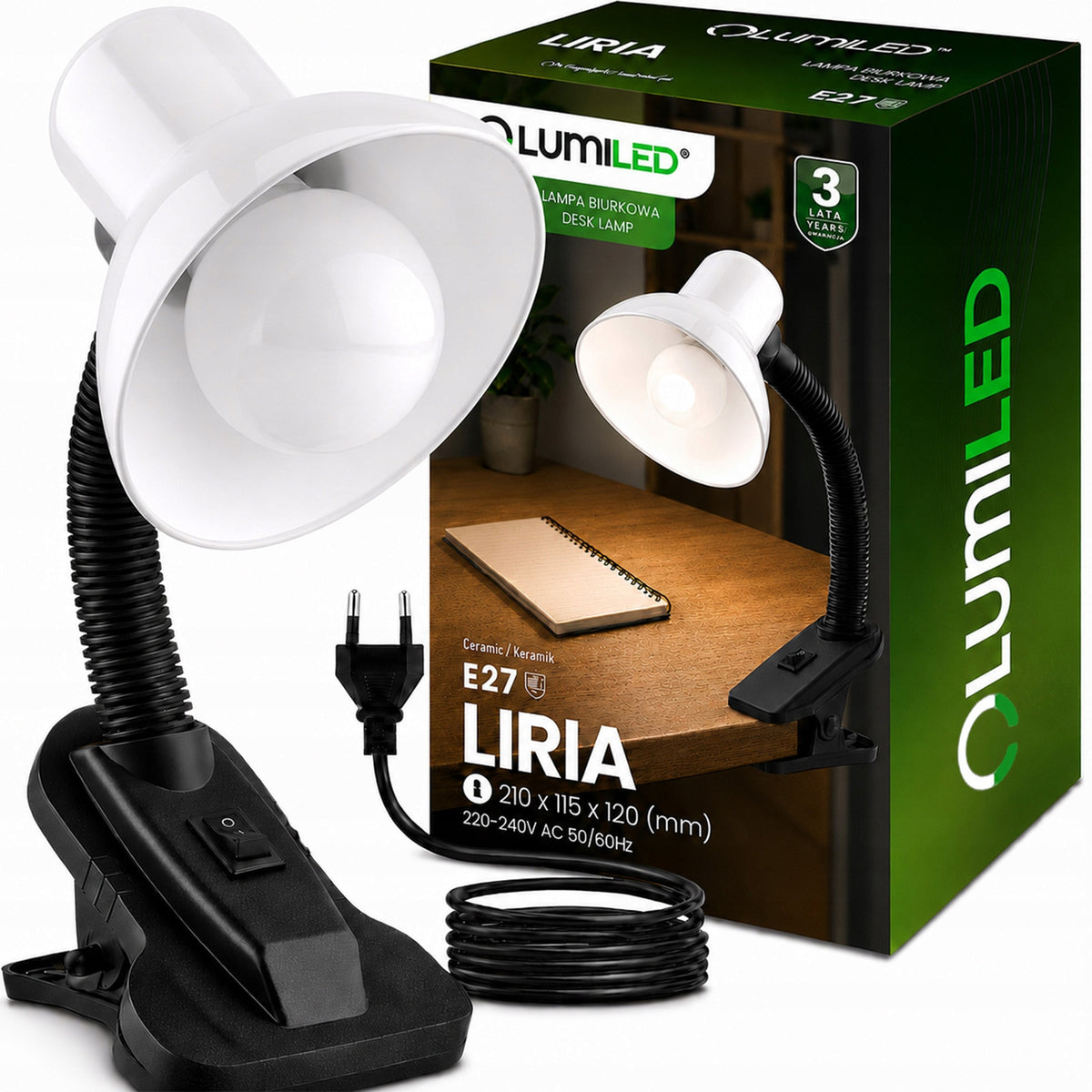 Lampa Biurkowa Szkolna Regulowana na Biurko Nocna Stołowa E27 z Klipsem Lampka do czytania i nauki, biała, zasilanie