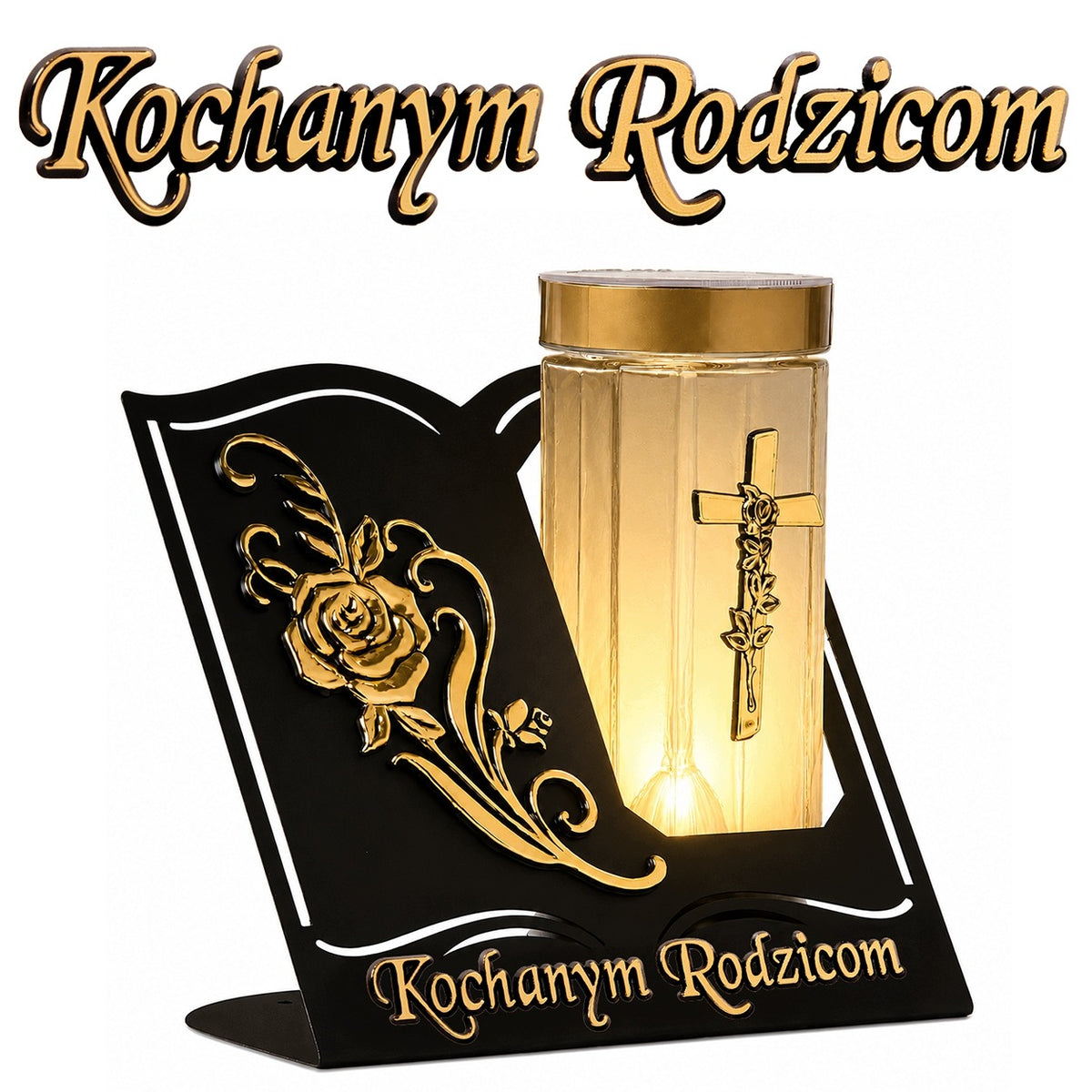 Znicz Solarny Księga czarno-złota Kochanym Rodzicom na Wszystkich Świętych lampion nagrobny LED na grób, ozdoba