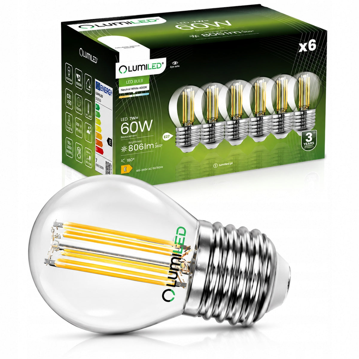6x Żarówka LED E27 Kulka 7W 806lm 4000K Neutralna CCD 360° Filament lumiled lampka do domu, do opraw z dużym gwintem