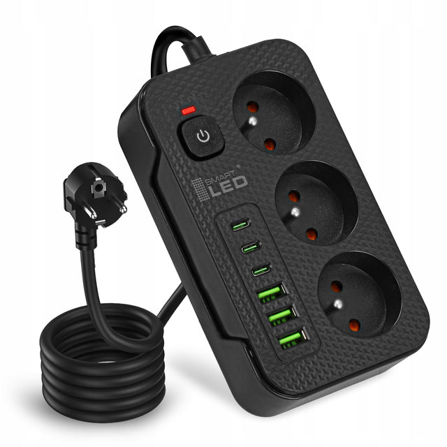 Przedłużacz Listwa Zasilająca Sieciowa 3 Gniazda 230V 3m 6x USB Ładowarka przewód z uziemieniem, gumowa izolacja 1,5 mm², czarna