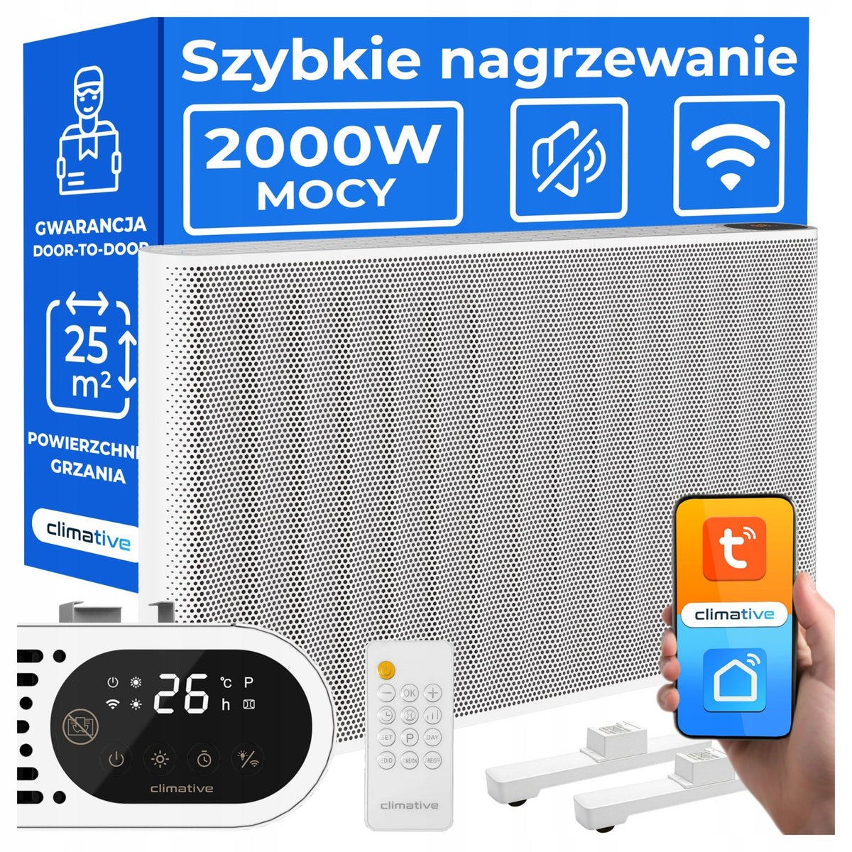 Grzejnik na podczerwień konwektorowy 2w1 MICA 2000 W WIFI szybkie grzanie 860 mm 540 mm grzewcza biały, czarny