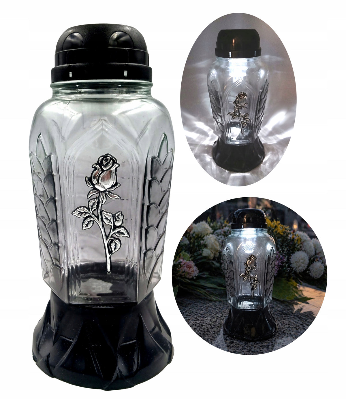 Znicz Solarny na Grób Fotowoltaiczny Piękny Róża lampion cmentarny, dekoracja nagrobkowa, wysokość 24 cm