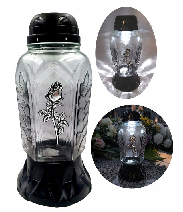 Znicz Solarny na Grób Fotowoltaiczny Piękny Róża lampion cmentarny, dekoracja nagrobkowa, wysokość 24 cm