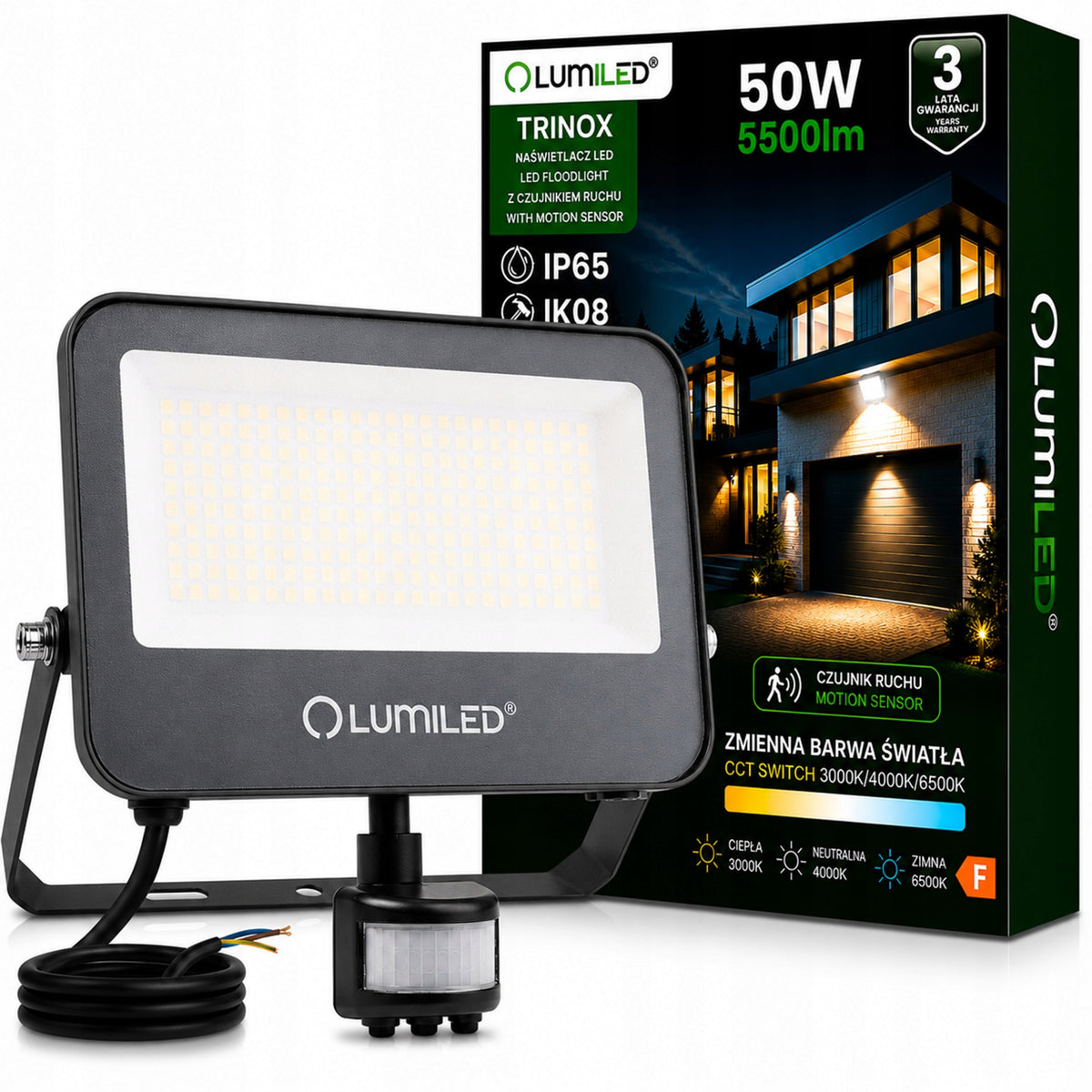 Naświetlacz LED Halogen 50W IP65 Reflektor Lampa z Czujnikiem Ruchu 3 barwy oświetlenie zewnętrzne 5500 lm 4000 K do