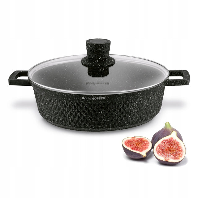 Patelnia Indukcja marmurkowa krótkie uchwyty GAZ Konighoffer Escuro 28 cm do kuchni ceramicznej i elektrycznej, do piekarnika, z pokrywką