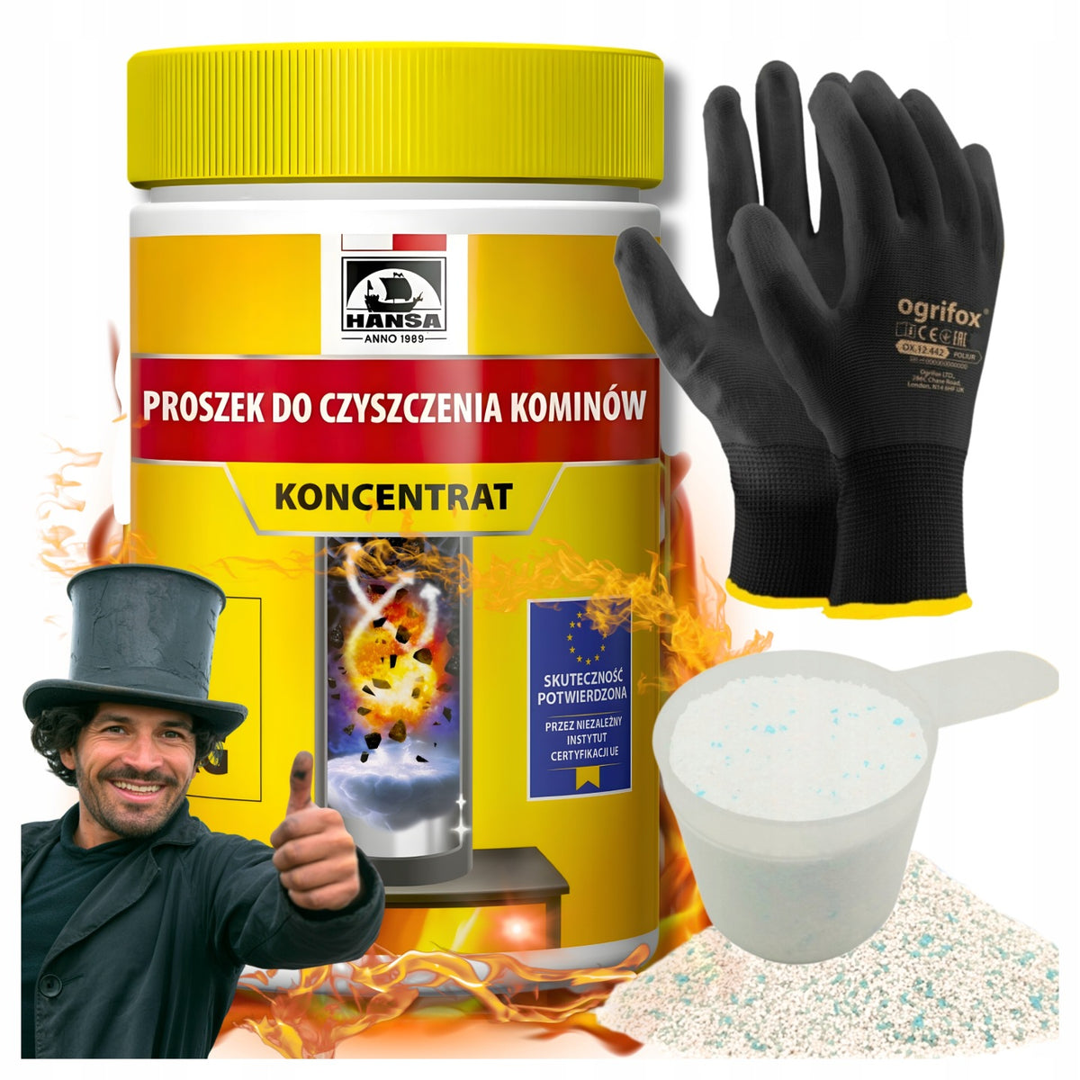Środek proszek do czyszczenia komina pieca wypalania sadzy hansa 1kg zestaw środek do czyszczenia