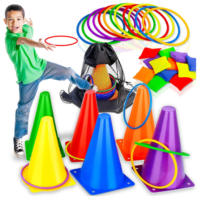 GRA zręcznościowa ruchowa 3W1 pachołki woreczki obręcze ringo zabawa dzieci zestaw do rzucania, ćwiczenie koordynacji, na dwór, od 3 lat
