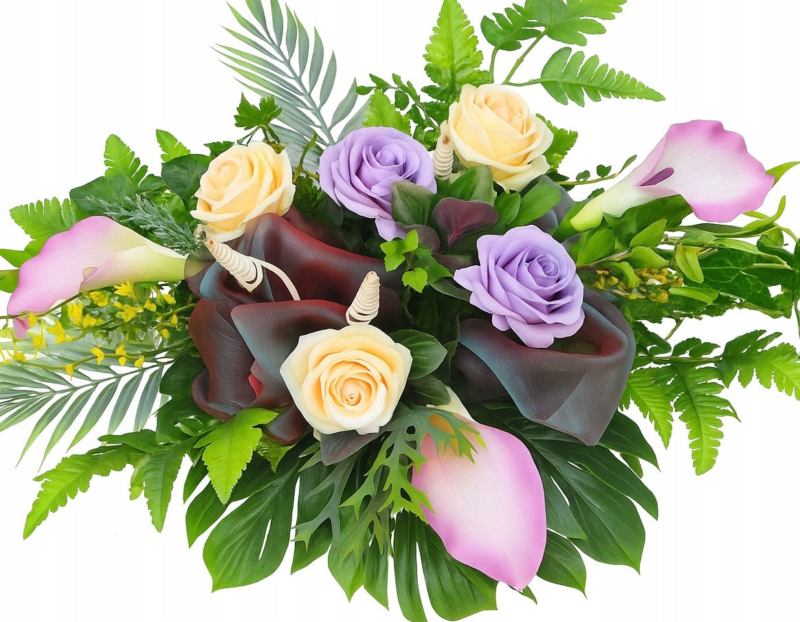 Duża ładna wiązanka stroik kwiaty sztuczne róże na grób nagrobek cmentarz kompozycja florystyczna 30 cm dekoracja