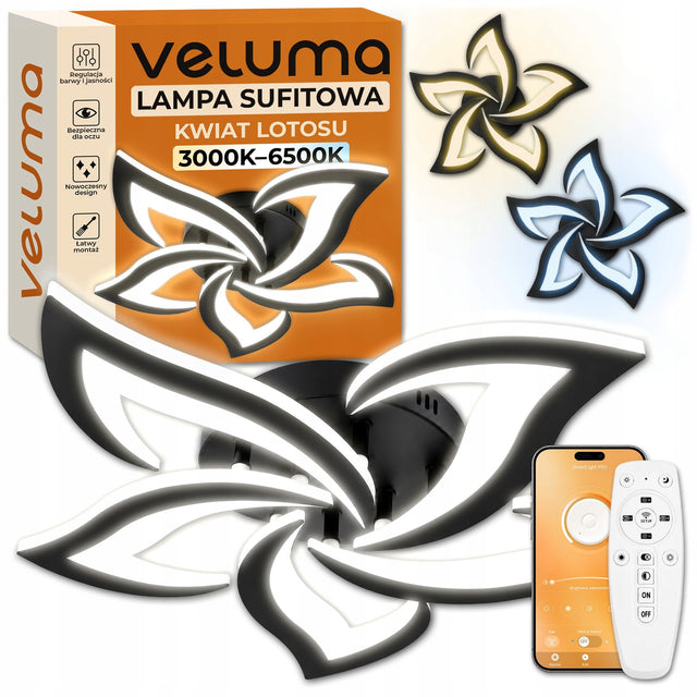 Lampa Sufitowa LED Kwiat Lotosu Veluma 60W CCT 3000K-6500K Pilot Aplikacja plafon do salonu, czarny, 52 cm, zmienna barwa światła