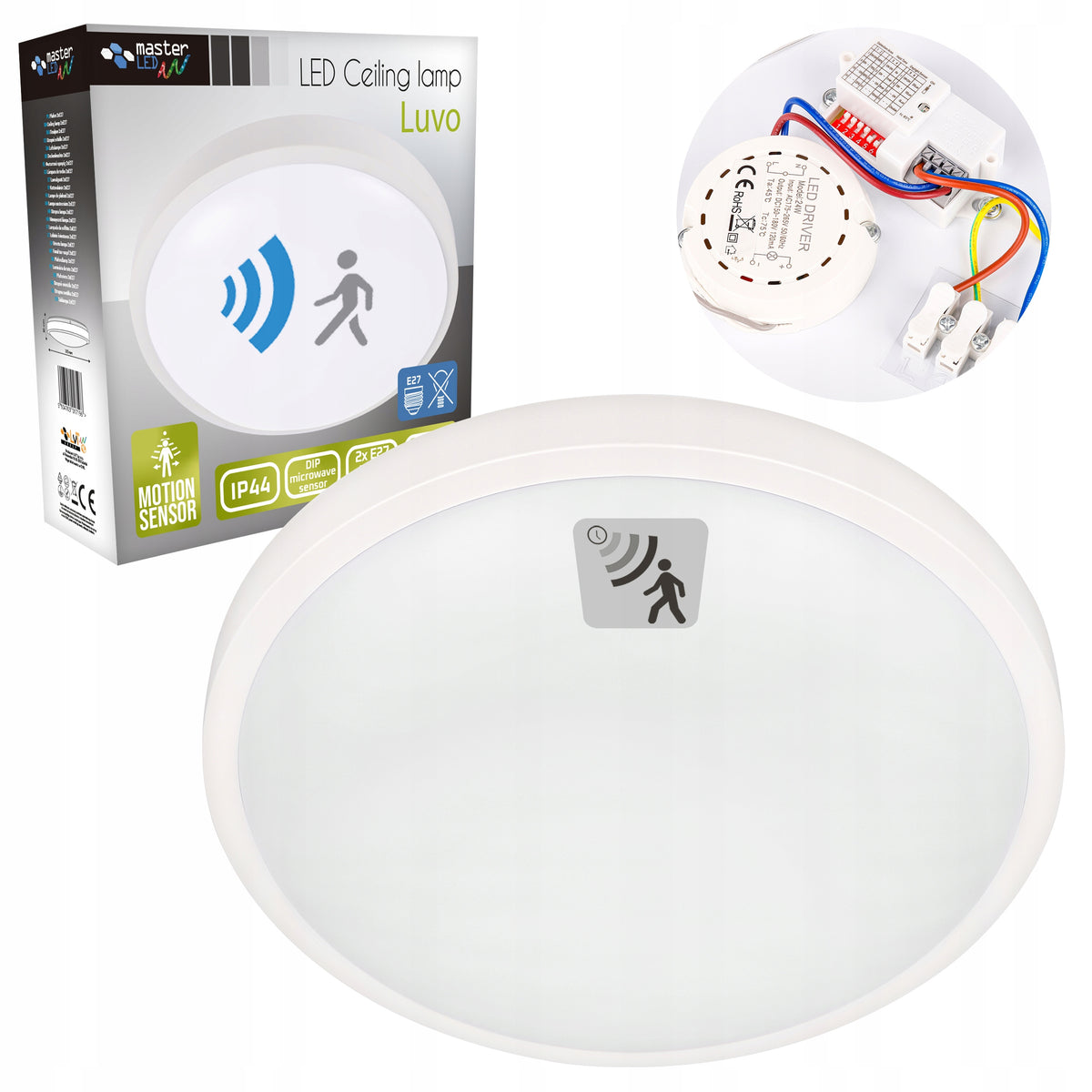 Lampa Sufitowa z Czujnikiem Ruchu Biała Okrągła Natynkowa 2xE27 plafon do przedpokoju, oprawa oświetleniowa, zasilanie