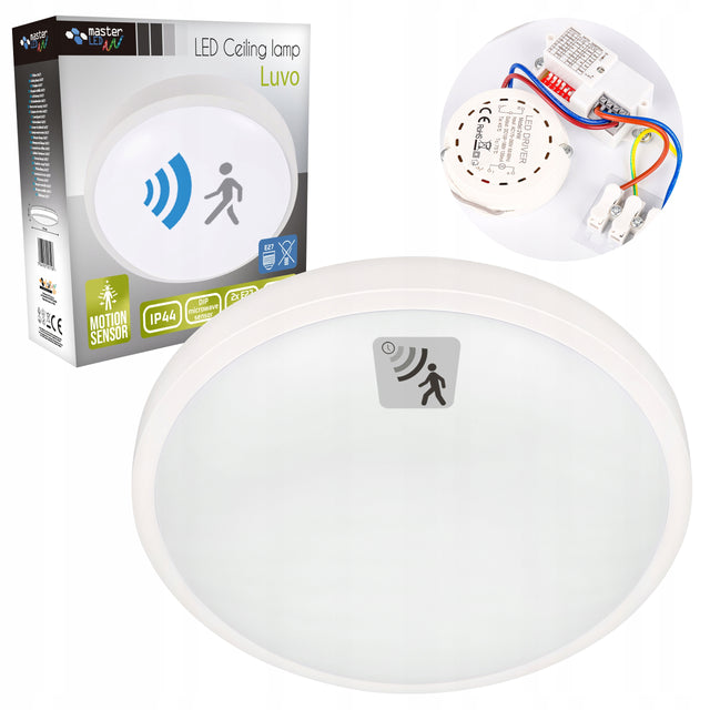 Lampa Sufitowa z Czujnikiem Ruchu Biała Okrągła Natynkowa 2xE27 plafon do przedpokoju, oprawa oświetleniowa, zasilanie sieciowe, maks. 6 w na źródło