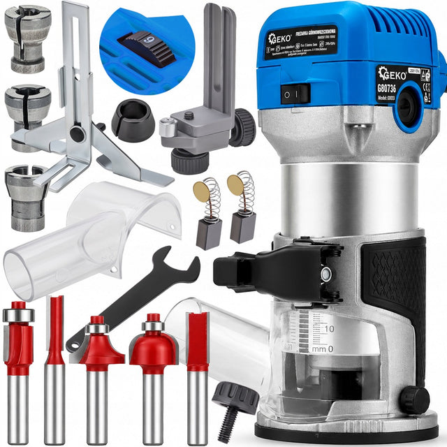 Frezarka górnowrzecionowa wycinarka z regulacją obrotów zestaw frezów geko router 710 w, tuleje 6/8/12 mm, głębokość robocza 70 mm