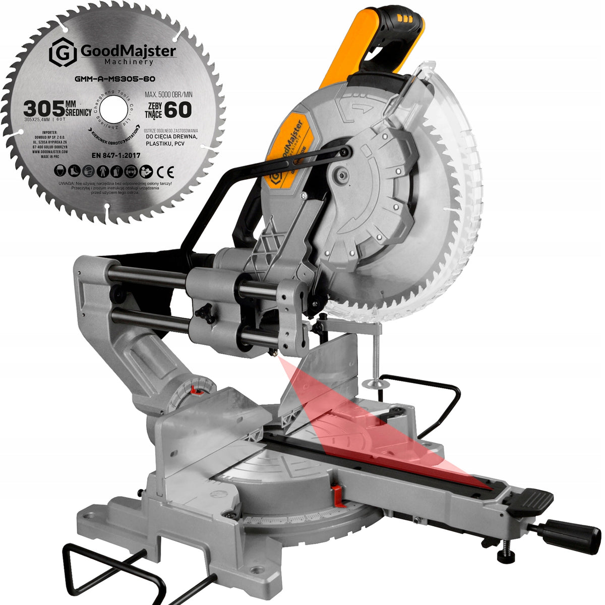 Piła ukośnica z posuwem laser pilarka ukosowa Kapówka 2000W 305mm GMM-MS305 szerokość cięcia 235 mm, głębokość 105 mm