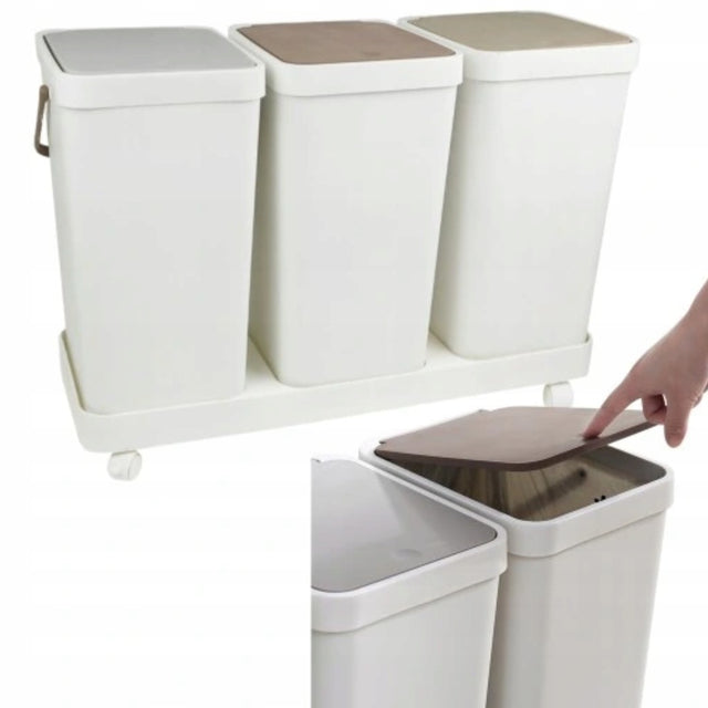 Kosz na śmieci 60l zestaw 3 pojemników do segregacji odpadów na platformie plastikowy sortownik, 3-komorowy, 64 × 24 × 45 cm
