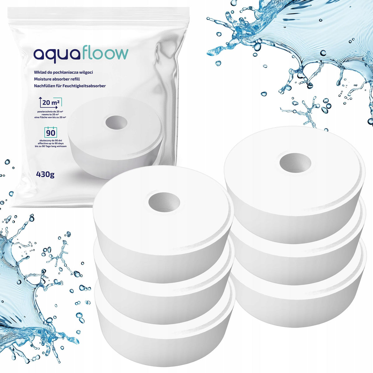 Bezzapachowe wkłady do pochłaniacza wilgoci AquaFloow tabletka 6x430g osuszacz powietrza, absorber, na wilgoć, 20 m³
