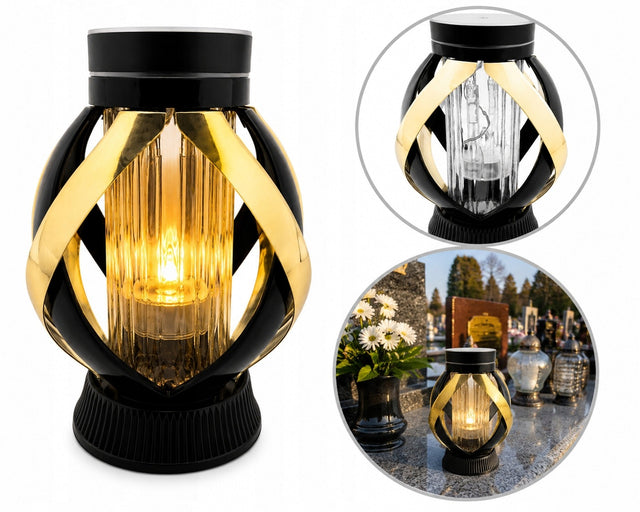 Znicz Solarny Fotowoltaiczny Czarno Złota Wstega Lampion Świeci Dzień i Noc cmentarny na grób, dekoracja nagrobna, wysokość 29 cm