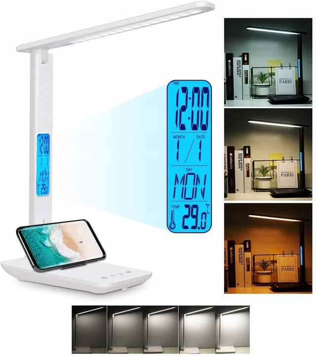 Lampka Biurkowa LED Lampa na Biurko Szkolna Regulowana Zegar Data Dotykowa do nauki i pracy, ściemniana, biała, zasilanie sieciowe, 62 cm