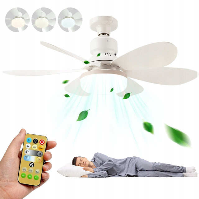 Wentylator sufitowy lampą LED E27 40W pilot 3 kolory światła 3 tryby wiatrak z oświetleniem do salonu i sypialni, ściemniany, biały