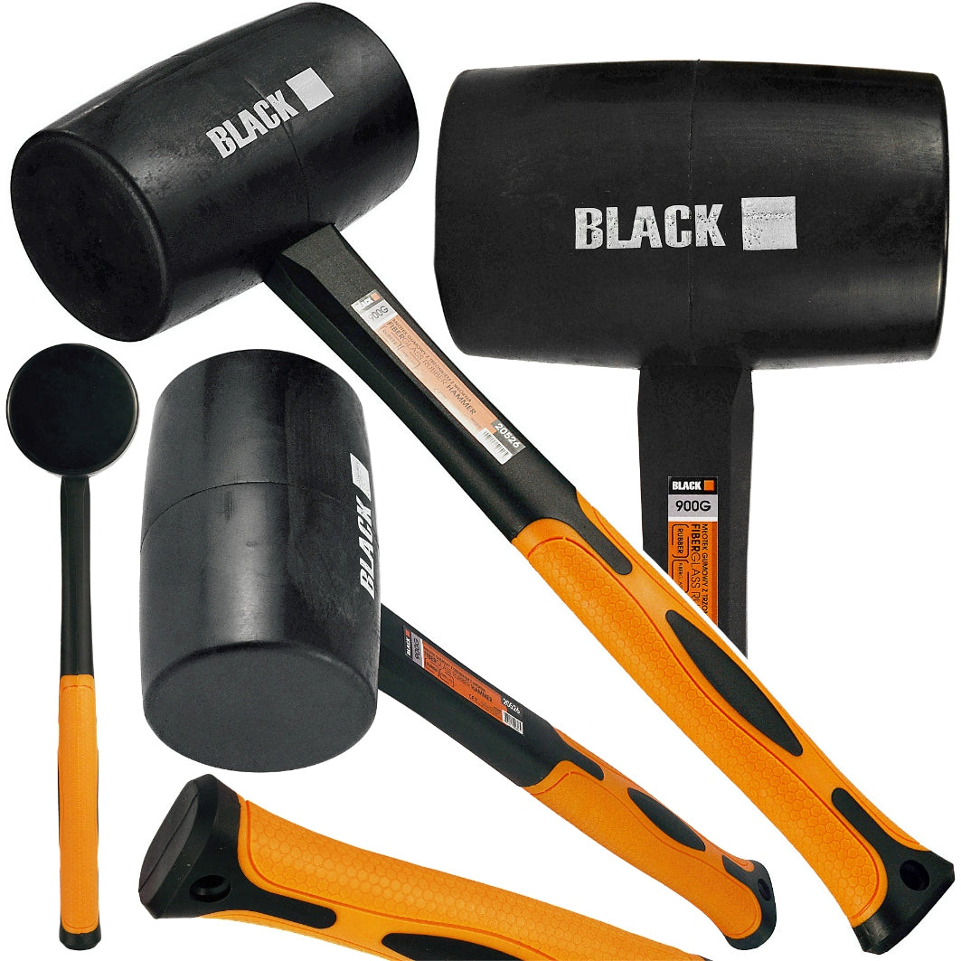 PROFESJONALNY MŁOTEK GUMOWY 900G TRZONEK FIBERGLASS CZARNA GUMA MARKI BLACK pobijak do prac montażowych, antypoślizgowy